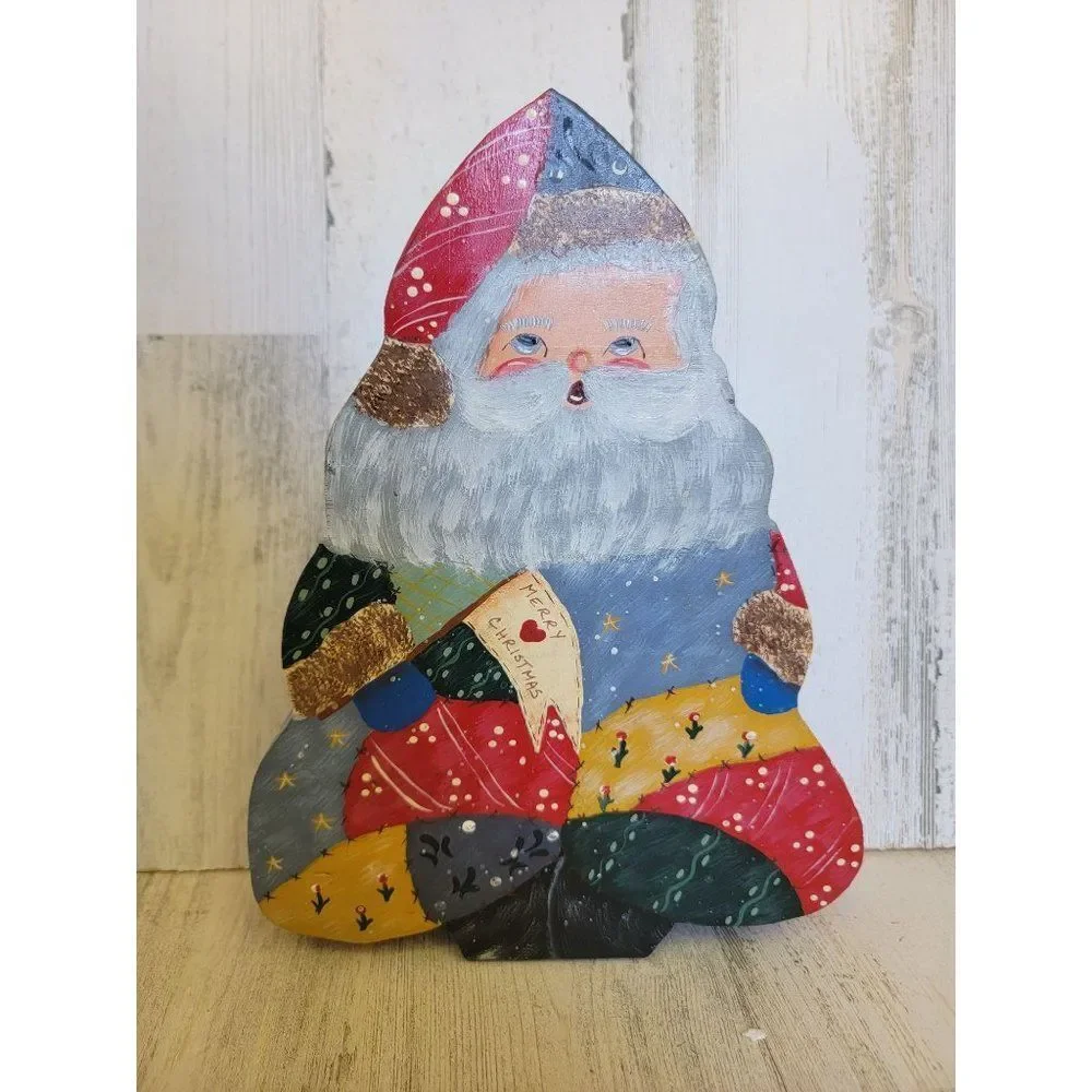 Unique vintage Santa‎ claus Merry Christmas wooden figure floral
